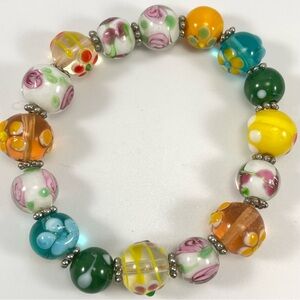 Cute Flower Unsigned Glass Painted Beaded Stretch Bracelet